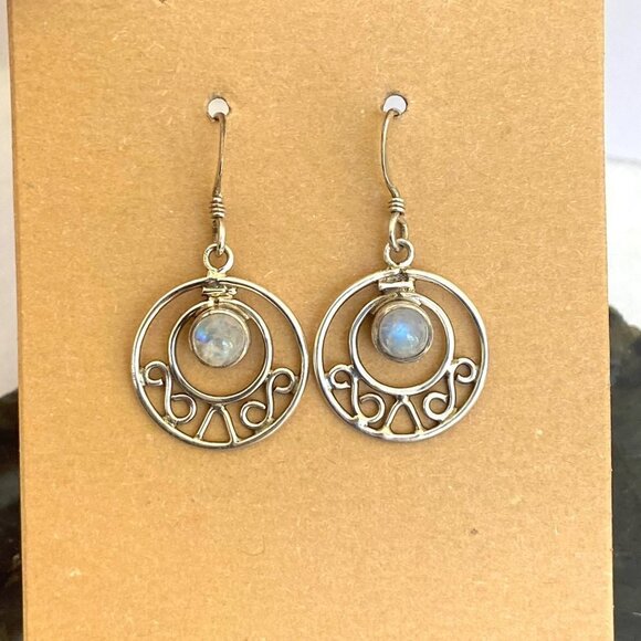 Sterling Silver 925 Round Moonstone Cabochon Round Scrollwork Dangle Earrings - Picture 2 of 16